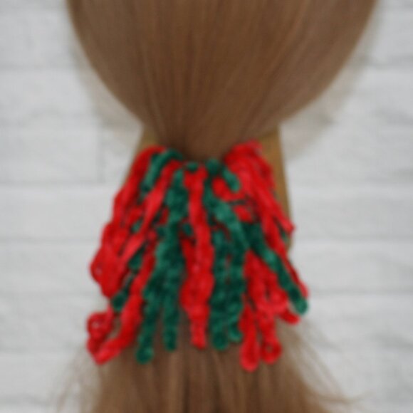 HAND CRAFTED Hair Scrunchie Fringe Crochet Kids Chenille Velvet Xmas Green Red - Picture 3 of 11